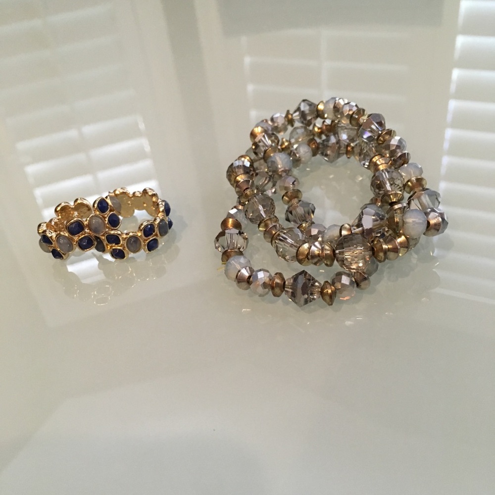 Blue earrings and three beaded stretchy bracelets